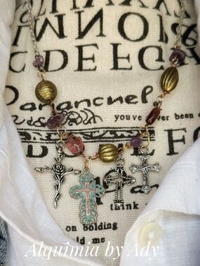 Alquimia Amethyst and multi cross Charms patina Necklace